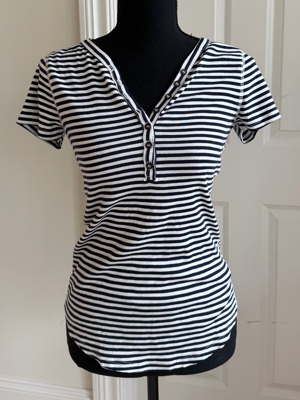Pure + Good Navy & White Striped Henley Tee, Small